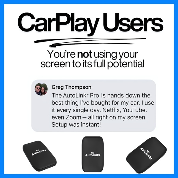 A square-format static ad featuring a user testimonial about the convenience and compatibility of an automotive CarPlay adapter.