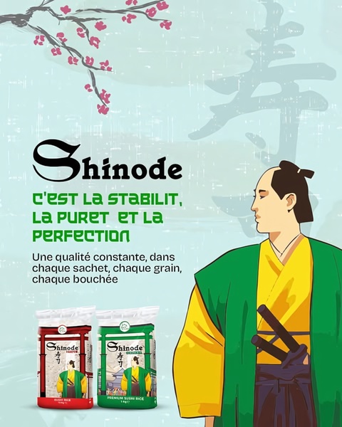 This creative showcases two bags of Shinode sushi rice paired with a traditional Japanese-inspired illustration to reinforce brand stability and perfection.