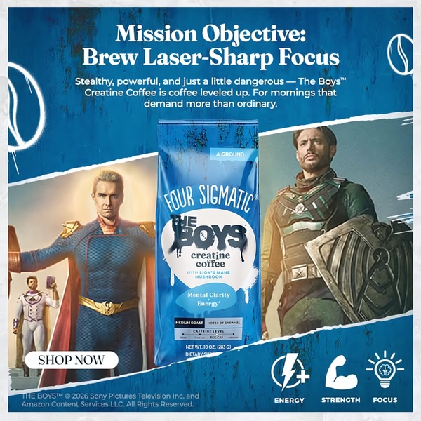 This ad features a 1:1 square static image promoting a collaborative creatine-infused coffee product, using high-contrast branding and character imagery to drive interest.