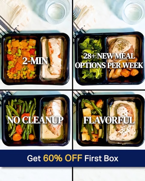 A four-panel grid display highlighting key value propositions like preparation time, variety, cleanup ease, and flavor for a meal delivery service.