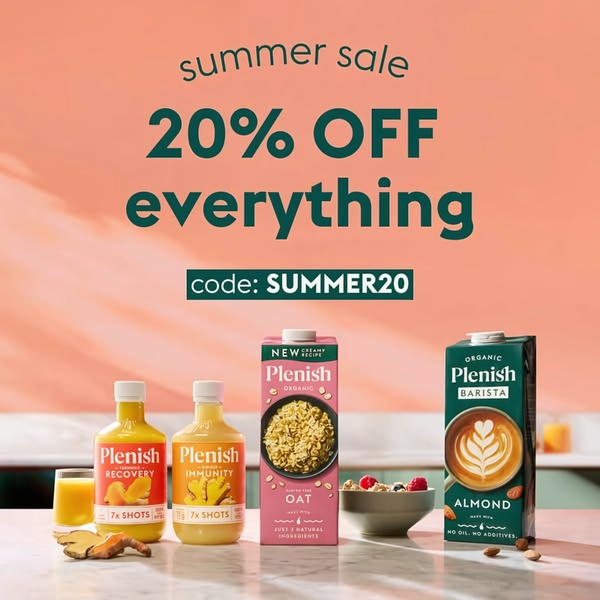 A clean, minimalist 1:1 ad creative promoting a 20% off summer sale on organic beverages, using a warm color palette and direct, high-contrast typography.