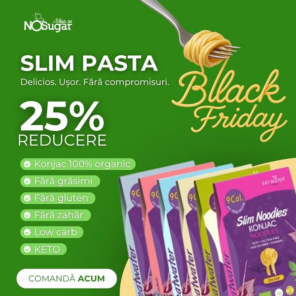 A high-contrast promotional graphic highlighting a 25% discount for organic konjac noodles, emphasizing key dietary benefits and a strong call to action.