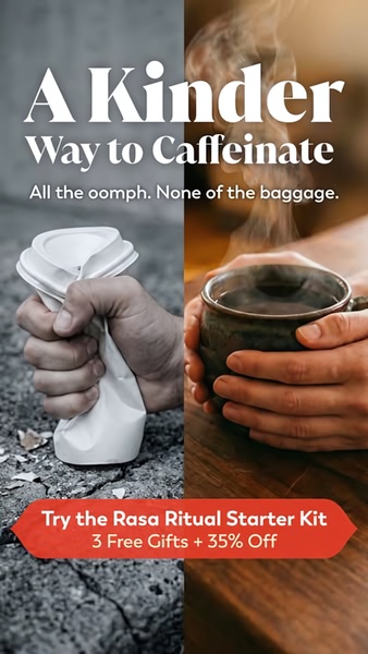 A split-screen comparison showing a crushed paper coffee cup versus a warm, inviting cup of herbal coffee, emphasizing the health benefits of the brand.