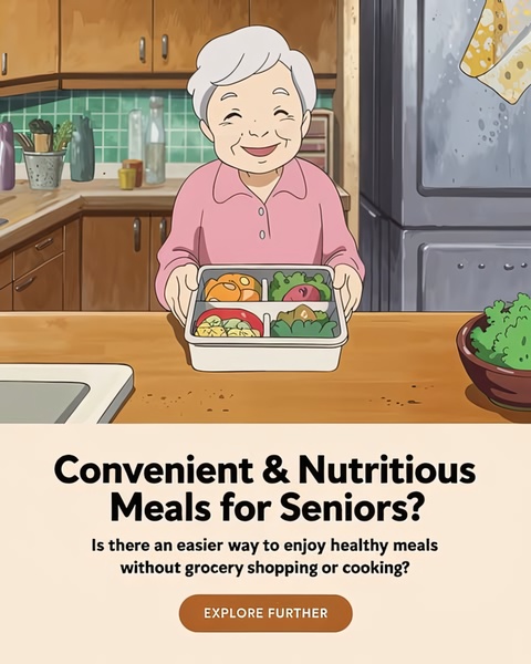 An illustrated ad creative depicting a smiling senior holding a meal tray, focusing on convenient and nutritious food delivery solutions.