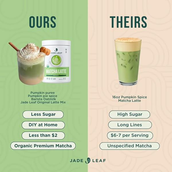 A split-screen comparison ad that contrasts the brand's DIY Matcha Latte mix against expensive, high-sugar café alternatives.