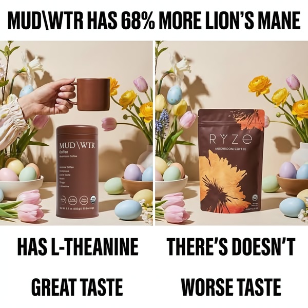 A split-screen comparison creative showcasing the product features of Mud Wtr against a competitor to highlight specific ingredient and taste advantages.