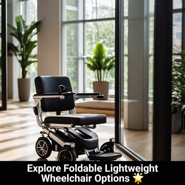 A clean, studio-lit photograph of a modern foldable wheelchair positioned in a bright, professional indoor environment.