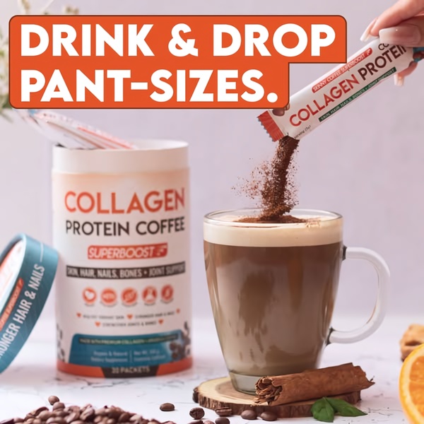 A 1:1 ratio static image featuring a product packet pouring into a mug, paired with a bold, high-contrast text overlay focusing on a primary weight-loss benefit.