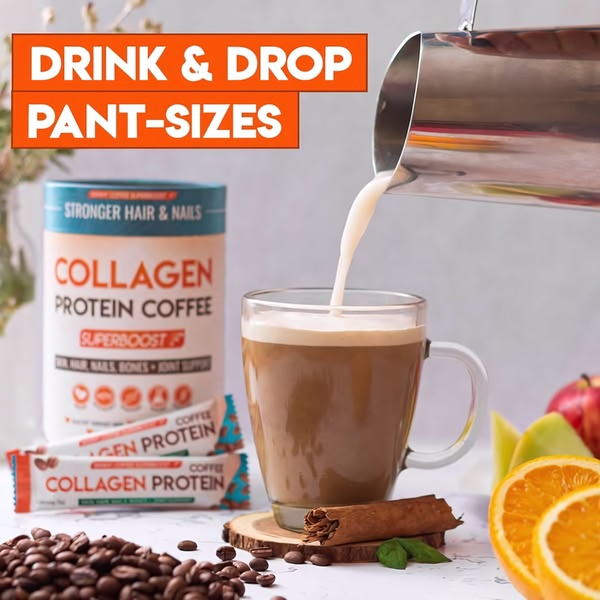A high-contrast 1:1 image featuring a lifestyle pour-shot of collagen coffee surrounded by raw ingredients to emphasize health benefits.