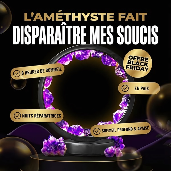 A square ad creative featuring an amethyst crystal ring design with text overlays highlighting sleep benefits and a Black Friday promotional offer.