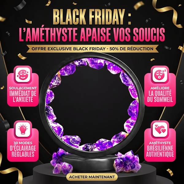 This ad creative uses a dark, premium aesthetic to promote an amethyst crystal lamp, highlighting its relaxation benefits with clear feature callouts and a holiday discount.