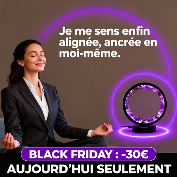 A tranquil ad featuring an amethyst lamp paired with a customer meditation experience and a time-sensitive Black Friday discount.