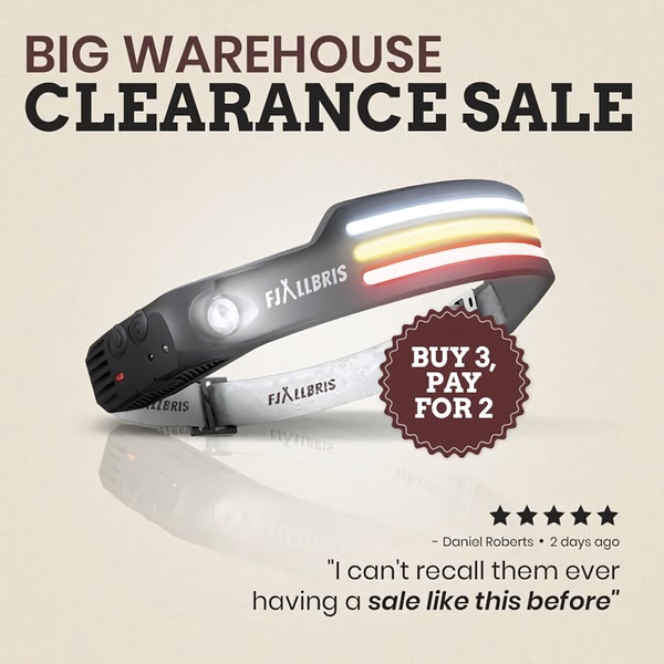 A square 1:1 ad creative for a headlamp, featuring a promotional bundle offer and a customer testimonial to build trust.