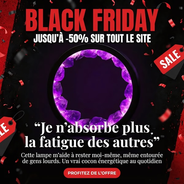 A square ad creative for an Amethyst Crystal Lamp featuring a glowing product image, a customer testimonial about energy protection, and a bold Black Friday sale banner.