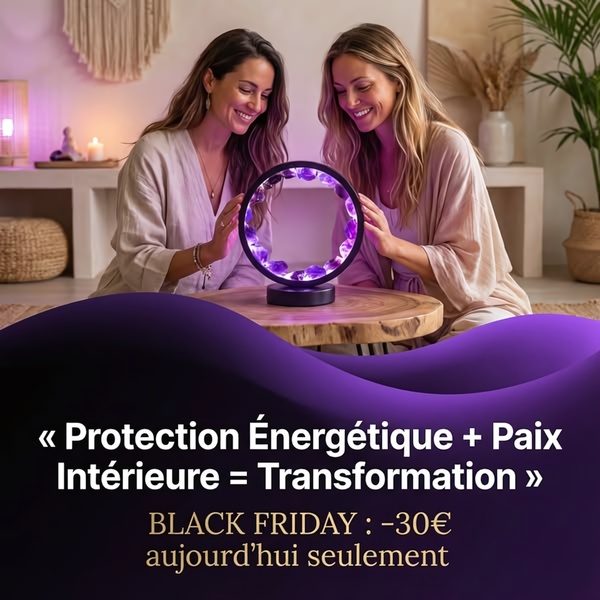 A high-quality square creative featuring two women focusing on an illuminated crystal lamp to promote a Black Friday energy protection offer.