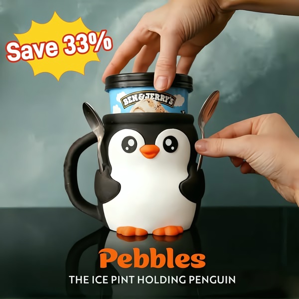 A high-contrast 1:1 image featuring a penguin-shaped pint holder used as a functional prop for premium ice cream, topped with a bold 33% discount sticker.
