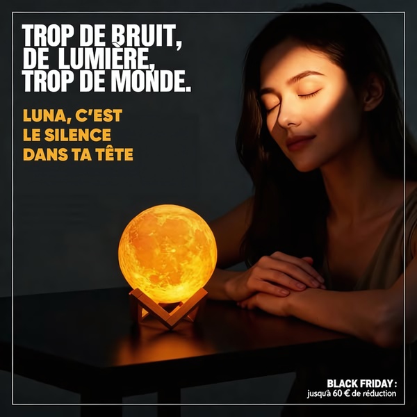 A high-contrast visual featuring a moon lamp next to a woman in meditation, highlighting the product as an escape from a noisy, chaotic world.