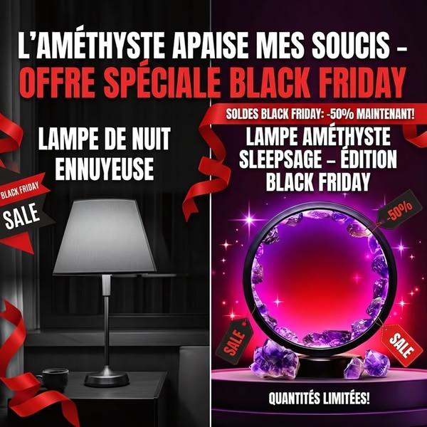 A split-screen comparison showing a boring night lamp on the left versus a glowing amethyst crystal lamp on the right, highlighting a 50% Black Friday discount.