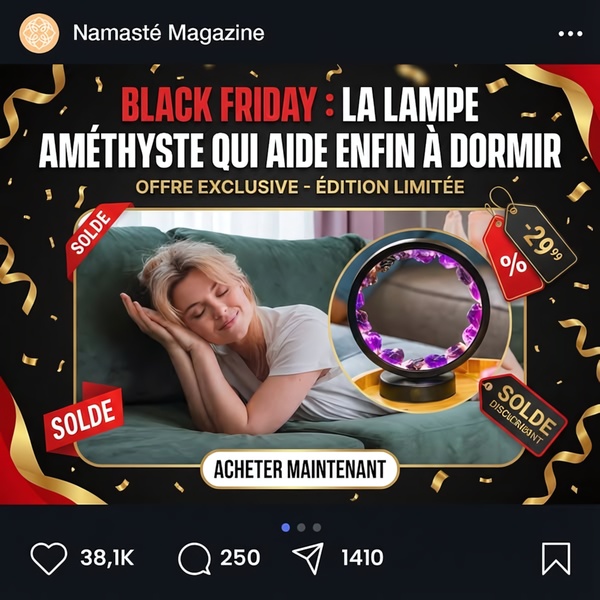 This ad features an amethyst lamp presented as a sleep solution with Black Friday discount messaging.