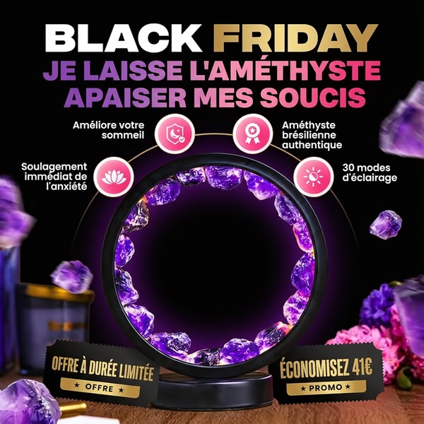 A square promotional graphic for an amethyst mood light, highlighting sleep benefits and Black Friday savings with a dark, high-contrast aesthetic.