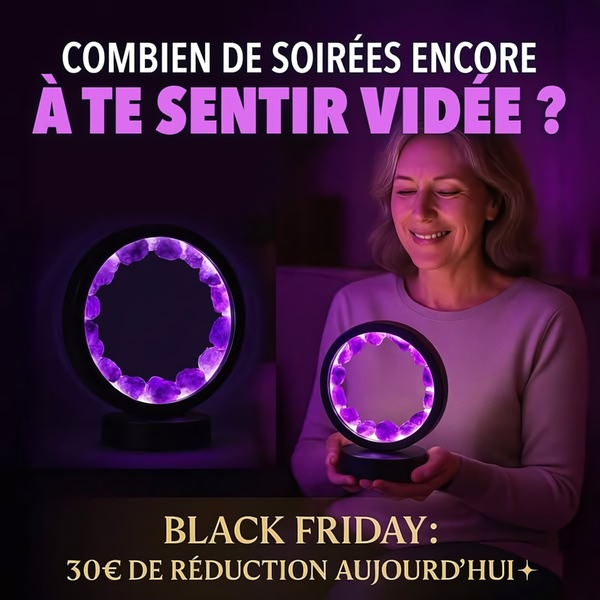 A high-contrast ad featuring a glowing amethyst crystal lamp that highlights emotional wellness and provides a clear discount incentive.