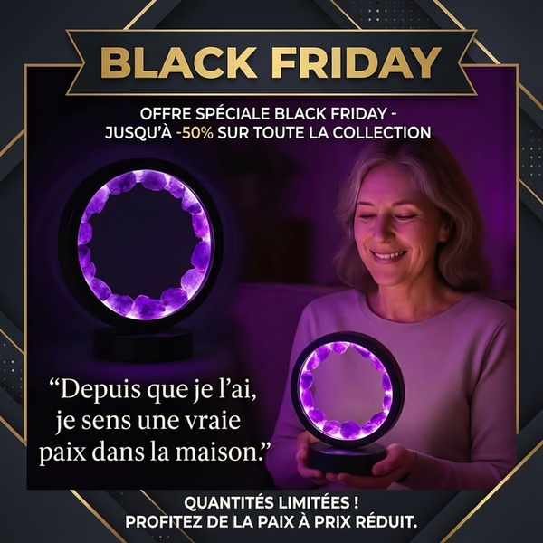 A high-conversion 1_1 ad creative featuring a customer testimonial for an amethyst ring light with a clear Black Friday discount offer.