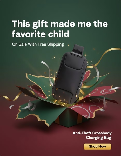 A high-conversion ad creative utilizing a holiday-themed, emotional gift hook to showcase an anti-theft crossbody bag. The image features a festive unboxing aesthetic to emphasize product value.