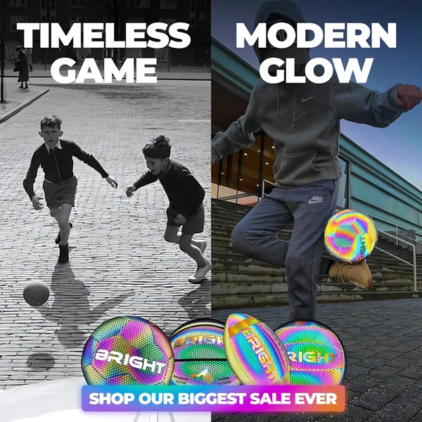 A split-screen comparison showing a nostalgic black and white scene versus a modern, colorful scene featuring a high-visibility reflective ball.