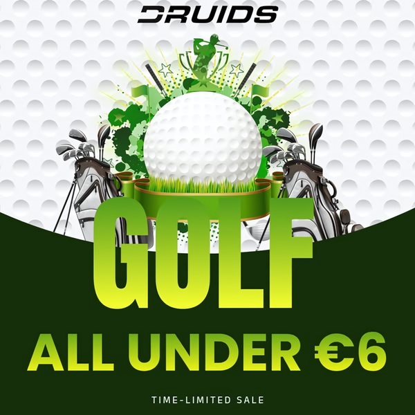 This square ad creative uses a high-contrast green gradient and centered golf ball imagery to highlight a flash sale on golf equipment.