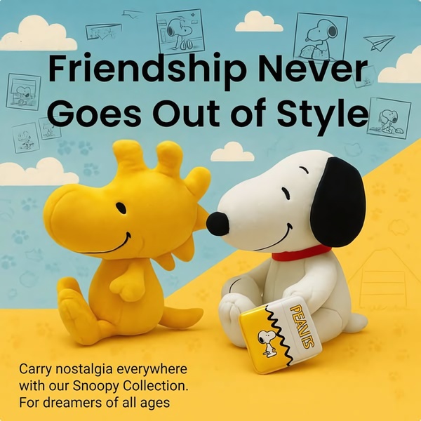 A clean, emotionally resonant ad featuring a Snoopy plush toy and a Woodstock plush toy to evoke nostalgia and comfort.