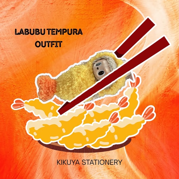 A playful 1:1 square creative featuring a Labubu doll styled as tempura, held by chopsticks against a bold, textured orange background.