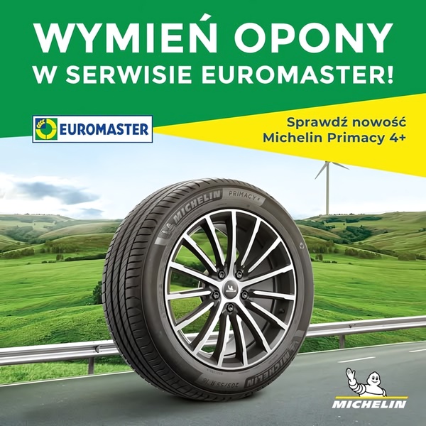 A clean, high-contrast promotional ad for tires featuring a Michelin Primacy 4+ product shot against a scenic landscape background.