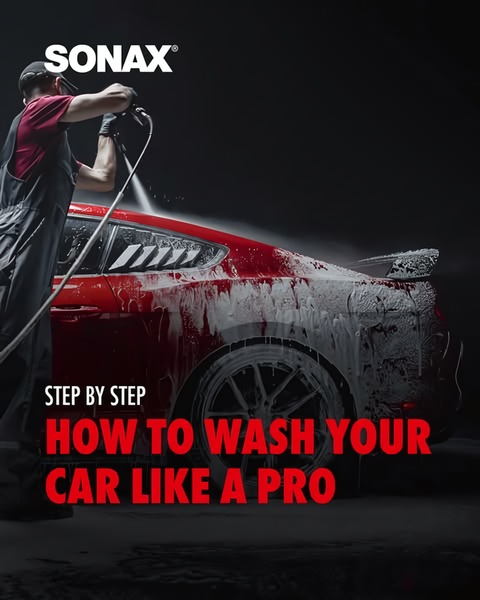A high-contrast 4:5 static ad featuring a professional detailer washing a red sports car, emphasizing expert-level maintenance.