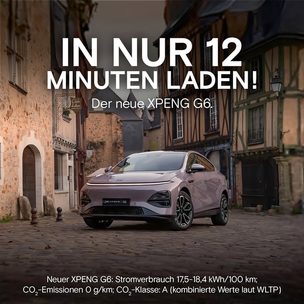 A clean, text-heavy image ad emphasizing the ultra-fast charging capabilities of a new electric vehicle model in an urban setting.
