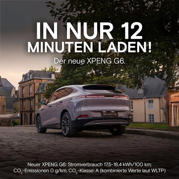 A clean, performance-focused ad highlighting the fast-charging capabilities of the electric vehicle set against an elegant, balanced background.