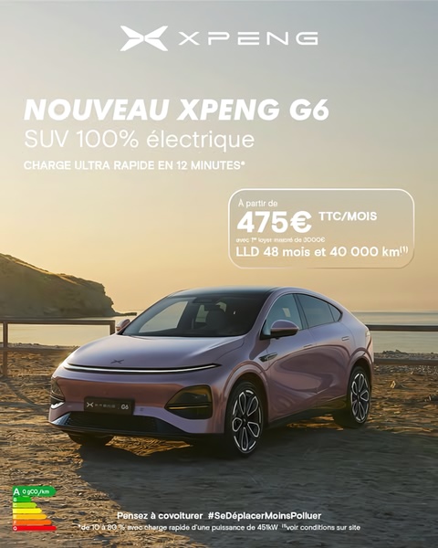 A clean, high-contrast ad featuring an electric SUV parked by the sea, emphasizing a 12-minute rapid charge time and monthly leasing availability.