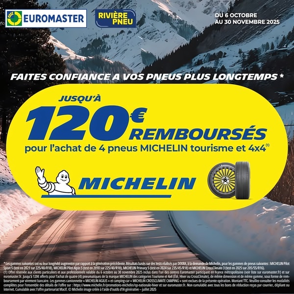 A seasonal promotion for Michelin tires featuring a 120 euro cashback offer against a winter mountain landscape background.