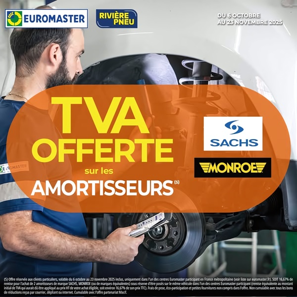 A promotional ad featuring a mechanic installing a shock absorber, highlighting a VAT-off incentive for specific car parts.