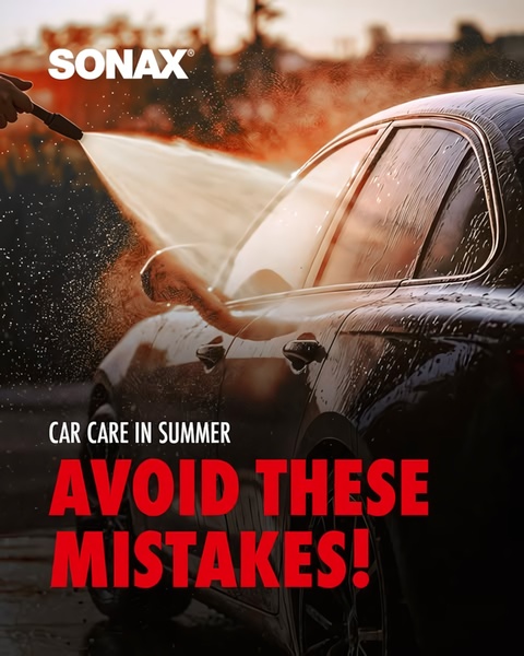 This creative features a close-up shot of a car being washed with a pressure washer, paired with a high-contrast text overlay warning about summer car care mistakes.