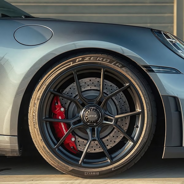 A high-definition, close-up hero shot of a luxury vehicle wheel, highlighting the precision engineering of the brake system and alloy rims.