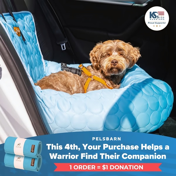 This 1:1 square ad features a dog sitting on a protective car seat cover with clear messaging regarding a charitable donation per purchase.