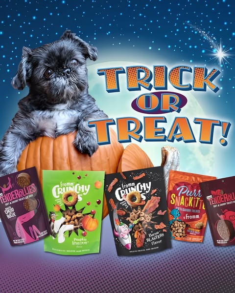 A festive Halloween-themed ad featuring a small dog sitting on a pumpkin surrounded by various pet treat products under a starry night sky.
