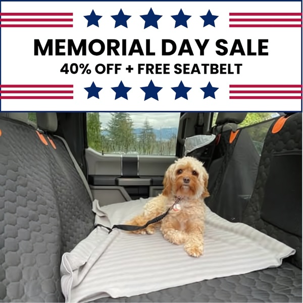 A clear, holiday-themed promotional ad featuring a pet seat cover in a vehicle with a dog, highlighting a 40% discount and a free bonus.