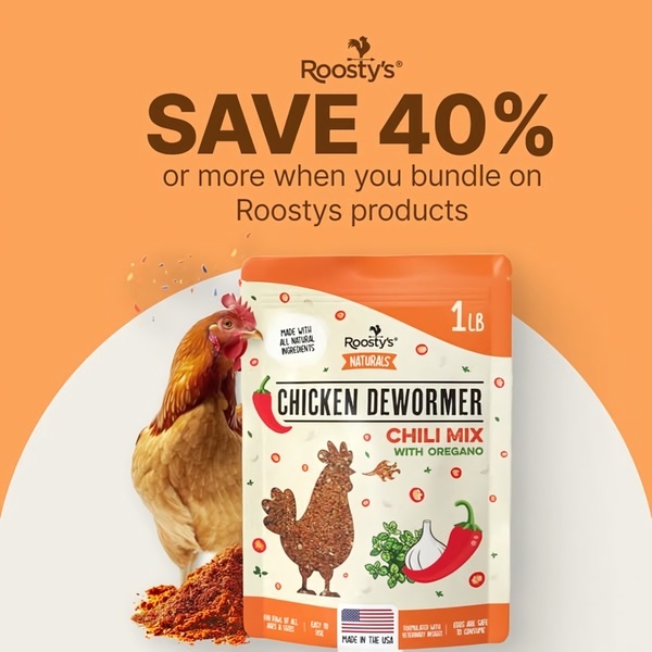 A square ad creative featuring a Chicken Dewormer product package, clear savings messaging, and a live animal visual to build trust.
