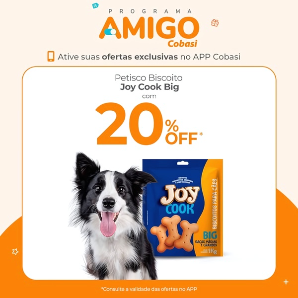 A square ad creative featuring a dog biscuit product package alongside an alert for a 20% discount available via the brand's mobile app.