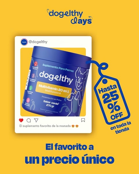 A 4:5 ratio social media post featuring a Dog Multivitamin container tagged with a 25% discount against a vibrant yellow background.