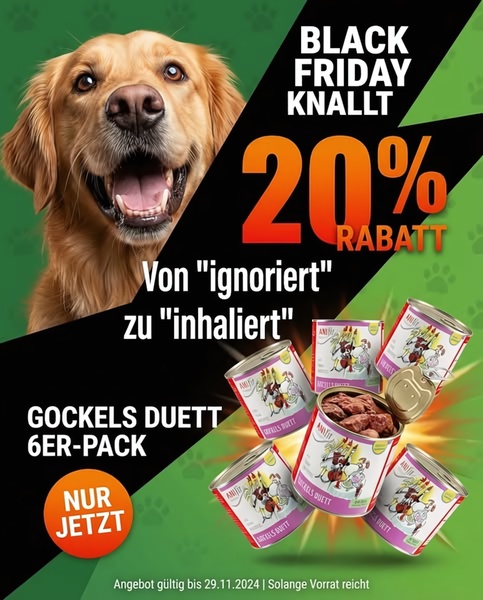 A 4:5 ratio promotional graphic featuring a happy golden retriever and a 20% discount offer on a 6-pack of pet food cans.