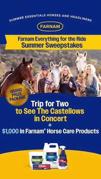 A 9:16 vertical social ad featuring a lifestyle image of horse owners alongside a prize package summary of horse care supplies.