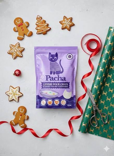 This creative showcases a package of cat litter centered in a flat-lay photography style, surrounded by gingerbread-themed holiday decorations and wrapping elements.