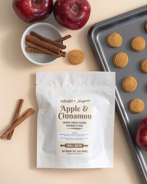 A high-quality product hero shot featuring dog cookies alongside fresh ingredients like apples and cinnamon, designed with a clean, top-down perspective.